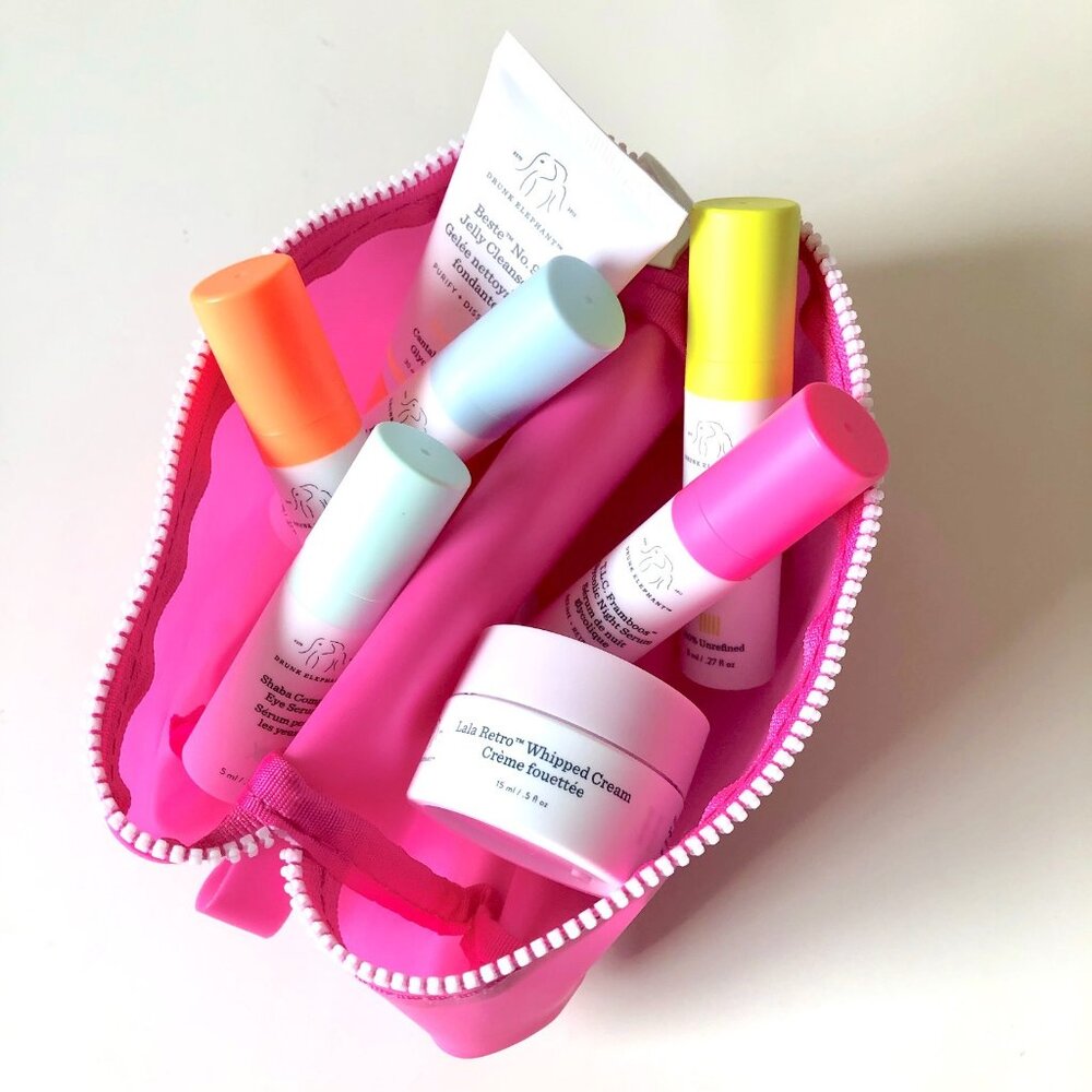 Drunken Elephant Bright Pink Waterproof Make Up Bag 6.5 x 6.5 in Square w/ Logo